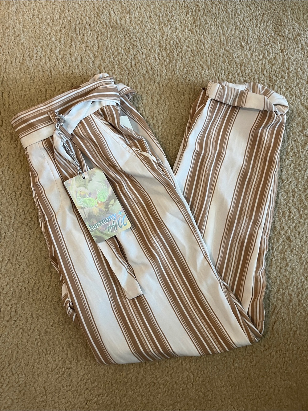 Striped Drawstring Casual Pants in Cream and Brown